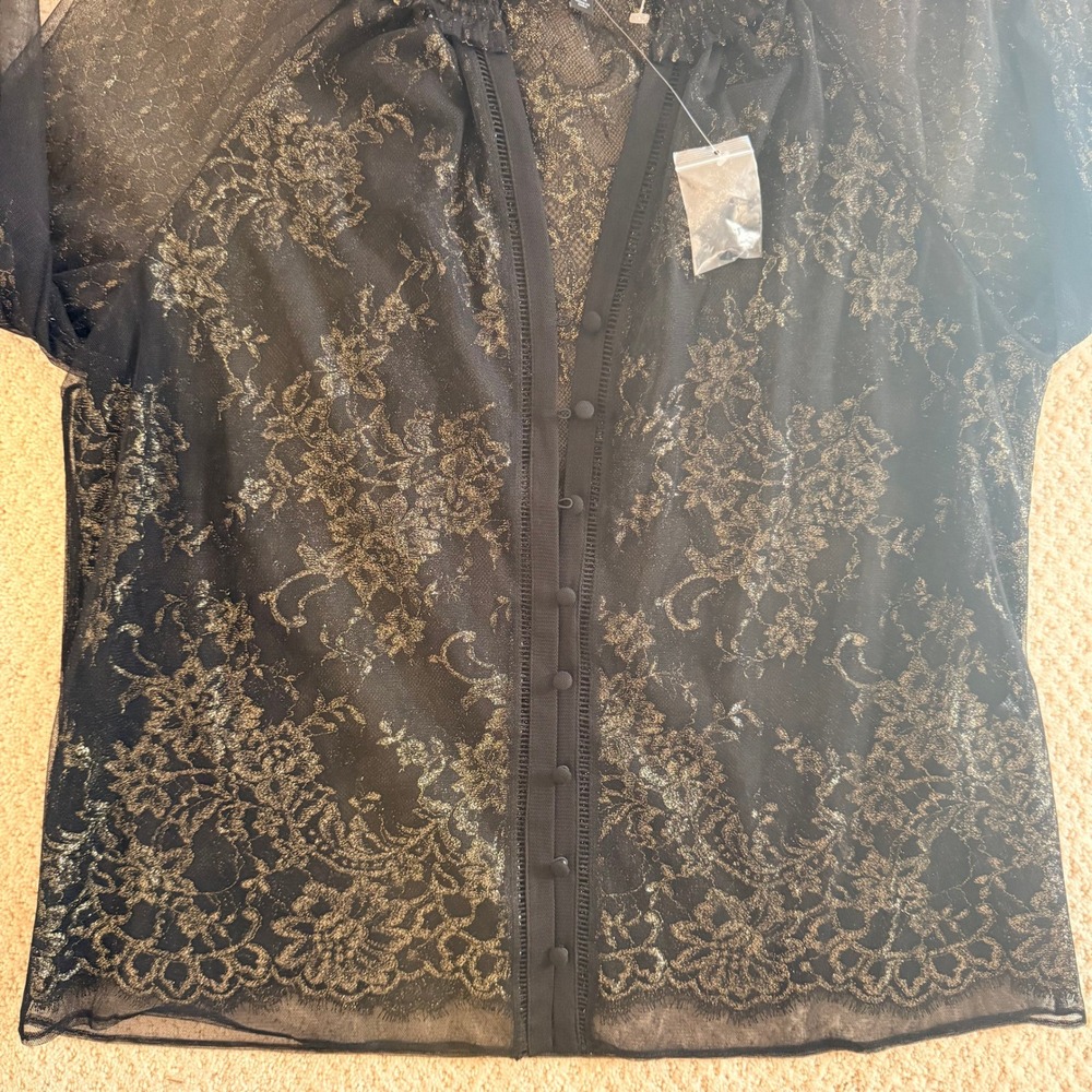 NWT White House Black Market Black Gold Metallic Lace Smocked Neck Blouse 12 Y2K - Picture 13 of 14